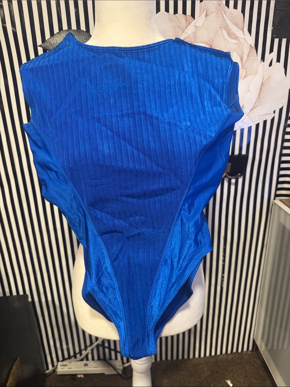 Vintage Danskin Made in USA Blue High Cut Bodysuit Leotard Cutout Dance Aerobics